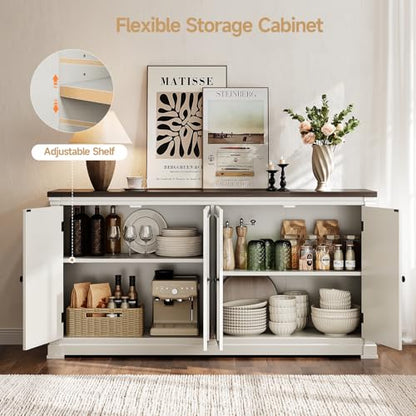 63 Inches Buffet Cabinet with Storage, Large Sideboard Cabinet with 4 Barn Doors, Adjustable Shelves, Wood Coffee Bar Station for Kitchen, Living Room, Off White - color: Off White