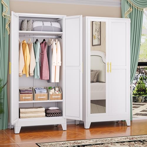 GAIOUS Metal Wardrobe Cabinet with Mirror and Hanging Rod, 71" White | Clothing Storage Cabinets with 2 Doors and Adjustable Shelves, Armoire Wardrobe Closet for Bedroom, Laundry Room, Cloak Room - color: No Drawer White- Mirror Style, size: 17.71"D x 31.