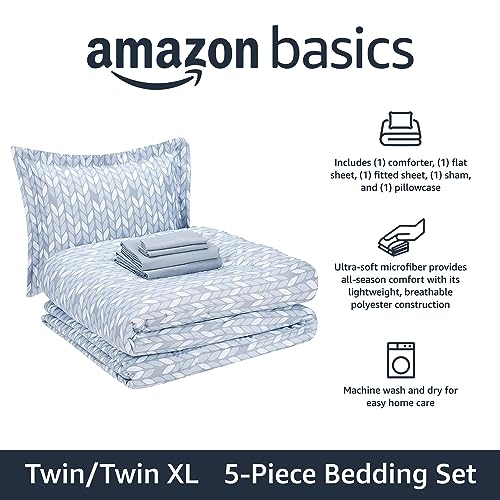 Amazon Basics Twin/Twin XL Comforter Bedding Set with Printed Sheets, 5-Piece, Gray Leaf, Lightweight Microfiber Bed-in-a-Bag, Machine Washable - color: Gray Leaf, size: Twin/Twin XL, style: 1-Pack