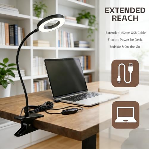 Sunny Power LED Clip On Book Light Eye-Care Bedside Reading Light for Kids | 3 Color Modes,10 Brightness Levels Flexible Arm Night Light,USB Powered Books in Bed, Table Lamp for Home Office Dorm