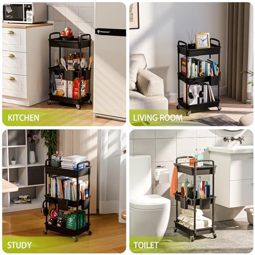 Sorgion 3 Tier Rolling Cart Organizer,Laundry Room Bathroom Organizers and Storage Office Shelves Mobile Shelving Unit Kitchen Trolley Cart with Wheels for Art,Craft,Diaper,Bedside,Snack(Black) - size: 3Tier-Black