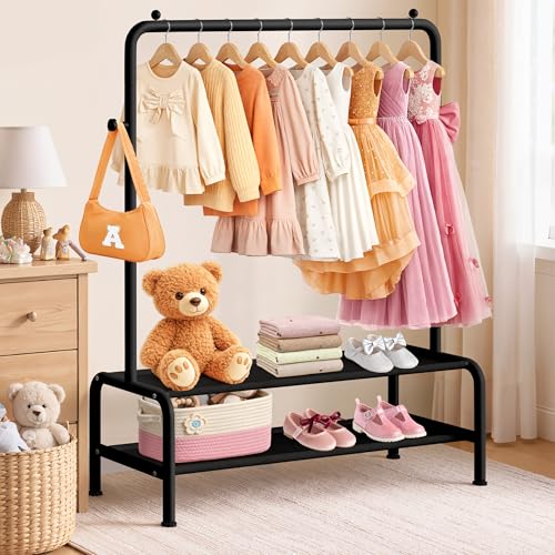 mirolam Kids Clothing Rack - Small Garment Rack - Small Kids Costume Wardrobe Rack with 2 Fabric Floors Storage Shelf - Mini Short Baby Toddler Clothes Rack - color: Black