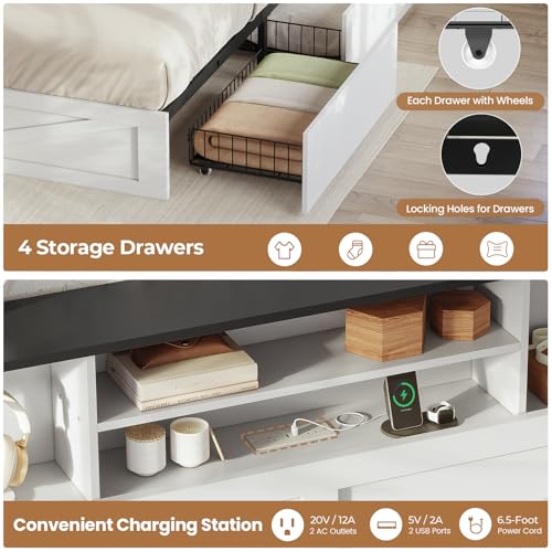 AOGLLATI Twin Bed with Storage Bookcase Headboard and 4 Drawers,Wooden Farmhouse Twin Bed Frame with Charging Station, Led Lights & Metal Slats,White - color: White, size: Twin