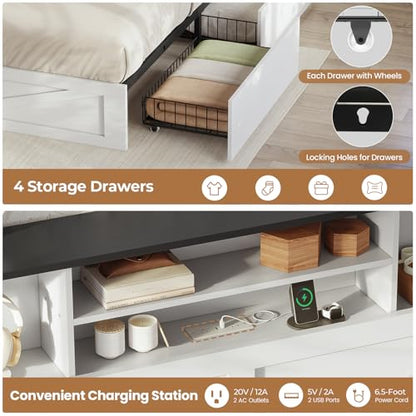 AOGLLATI Twin Bed with Storage Bookcase Headboard and 4 Drawers,Wooden Farmhouse Twin Bed Frame with Charging Station, Led Lights & Metal Slats,White - color: White, size: Twin