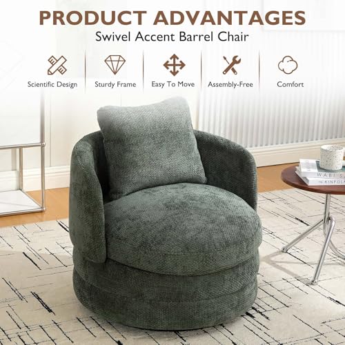 Round Swivel Barrel Chair with Comfy Pillow, Beige Small Accent Chair with Curved Backrest, Modern Upholstered Armchair & Chenille Barrel Accent Chairs for Living Room Bedroom Office (Green) - color: Green