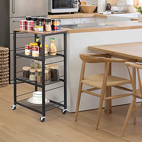 CADUKE Kitchen Storage Cart Baker's Rack 4-Tier Industrial Wood | Kitchen Island Stand, Serving Bar Cart, on Wheel, MDF, End Side Table Storage, Trolley Rack, for Bedside, Bathroom, Office