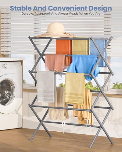 Oversize 3-Tier Clothes Drying Rack, No Install, Grey | Expandable Design, Non-slip feet, Tool-free Setup, Rust Prevention, Sturdy Construction, 14.9" D x 29.3" W, Holds 24lbs - color: Gray