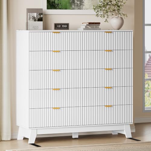 BORNOON 46" Tall Dresser for Bedroom, 10-Drawer Fluted Chest of Drawers, Modern Wood Highboy with Metal Slides and Handles, Anti-Tip Kit, Vertical Clothes Storage Organizer for Apartment, Closet - color: Pure White, size: 10 Drawers