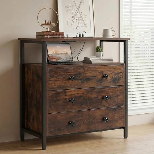 Edbuosy 27" Wide Nightstand with Charging Station & 3 Drawer, Retro Brown | Small Dresser for Closet, 2 AC Outlets & 2 USB Ports, Open Shelf, Adjustable Feet, Wood Nightstand for Living Room or Bedroom - color: Retro Brown, size: 3 Drawer