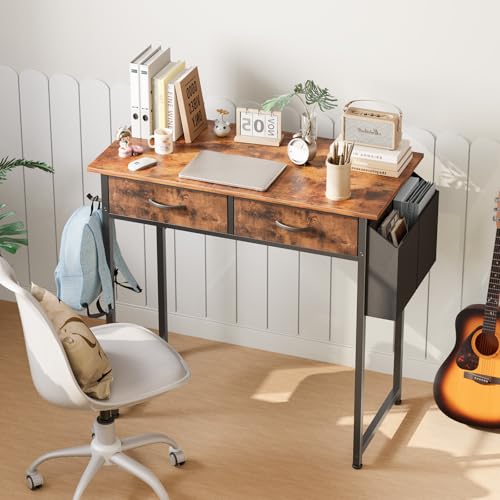 DUMOS 32" Home Office Computer Desk with Drawers, Small Gaming Writing Study Table with Storage Side Bag, Headphone Hook and Adjustable Feet for Bedroom Rustic Brown | Small Writing Desk for Home Office with Headphone Hook, Compact Study Table for Bedroom