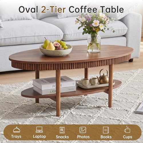 Janmer Home Oval Coffee Table with 2-Tier Storage Shelf, 40" Modern Coffee Tables, Wood Small Center Table, Fluted Accent Tea Table for Small Space Living Room Apartment,Easy Assembly (Walnut) - color: Walnut-40inch Oval, style: 40inch