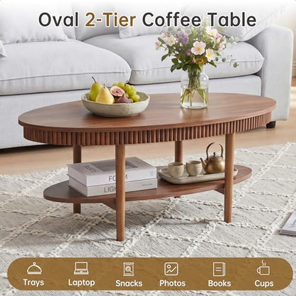 Janmer Home Oval Coffee Table with 2-Tier Storage Shelf, 40" Modern Coffee Tables, Wood Small Center Table, Fluted Accent Tea Table for Small Space Living Room Apartment,Easy Assembly (Walnut) - color: Walnut-40inch Oval, style: 40inch