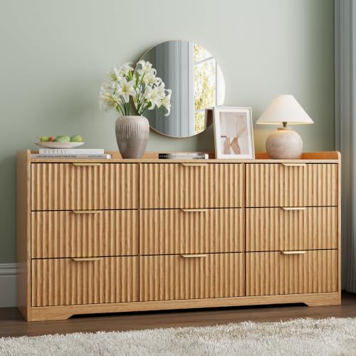 Modern Fluted 9 Drawer Dresser for Bedroom, 57"W x 26"H, Natural Oak | Wooden chest of drawers with metal handles, smooth-gliding drawers, anti-drop panels and anti-tip kit for hallway or entryway - size: 15.6"D x 57.9"W x 26.8"H (9 Drawers)