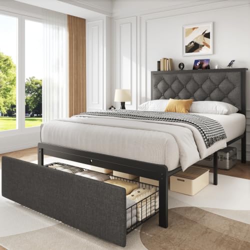 PHGLL Twin Bed Frame with Upholstered Headboard and 1 Storage Drawer, Platform Bed Frame with Charging Station, All Metal Structure, Noise Free, No Box Spring Needed, Grey - color: Grey, size: Twin