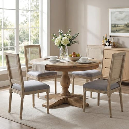 Kmax Farmhouse Dining Room Chairs, Fabric French Distressed Bedroom Chairs with Rectangle Rattan Back, Elegant Tufted Kitchen Chairs, Set of 8, Grey - color: Brown Wash/Rattan Grey, size: 8 Chairs