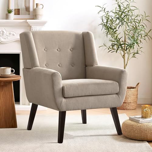 HUIMO Accent Chair for Living Room,Upholstered Button Linen Armchair Chair | Mid Century Modern Tufted Armchair with Fabric,Comfy Arm Chairs for Club Living Room Reading Bedroom,Waiting Room Khaki - color: Khaki