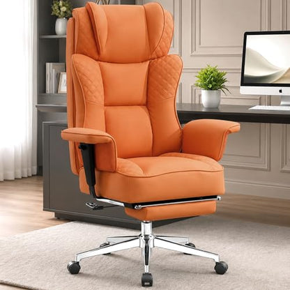 Office Desk Chair, High-Back Big and Tall Leather Chair with Footrest | Ergonomic Reclining Computer Chairs, Comfy Executive Wide Chair with Lumbar Support, Adjustable Armrests, 400LBS (Orange) - color: Orange