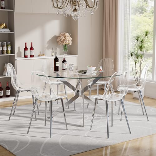 Baysitone Clear Dining Chairs Set of 6, Modern Kitchen Chairs with Transparent Seat, Acrylic Accent Side Chairs with Silver Metal Legs for Dining Room, Kitchen, Living Room - color: Silver, size: Set of 6