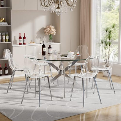 Baysitone Clear Dining Chairs Set of 6, Modern Kitchen Chairs with Transparent Seat, Acrylic Accent Side Chairs with Silver Metal Legs for Dining Room, Kitchen, Living Room - color: Silver, size: Set of 6