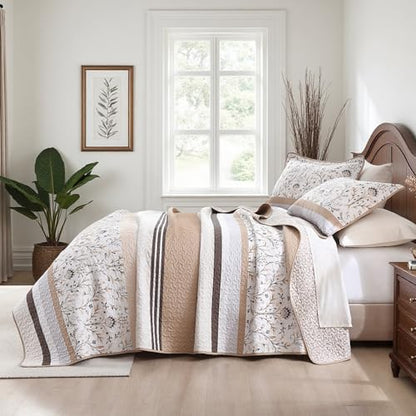 100% Cotton Quilt Set Queen Size - Reversible Botanical Quilted Comforter, Queen Quilt Bedspread, Lightweight Bedding, 3pcs, Brown/Beige - color: Brown/Beige, size: Queen(90"x98")