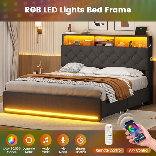 Full Size Bed Frame with Headboard Storage, 4 Drawers, Dark Grey | LED Bed Frame Full Size with Charging Station, Lights, 5 Shelves, Upholstered Bed with Metal Slats, No Box Spring Needed - color: Dark Grey-linen Fabric, size: Full
