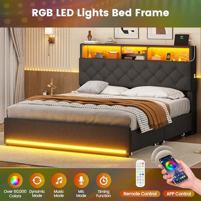 Queen Bed Frame with 4 Drawers, Storage Headboard, Lights, Dark Grey | LED Bed Frame Queen Size with Charging Station, 5 Shelves, Upholstered Bed with Metal Slats, No Box Spring Needed - color: Dark Grey-linen Fabric, size: Queen