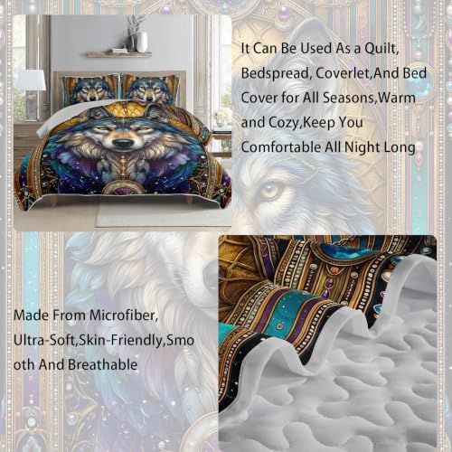 AILONEN Mosaic Wolf Queen Quilted Comforter Set, Jewel Tribal Printed Bedding with 2 Pillowcases, Microfiber Filling, Master Family Bedroom - color: Blue Treasure Wild Wolf, size: Queen