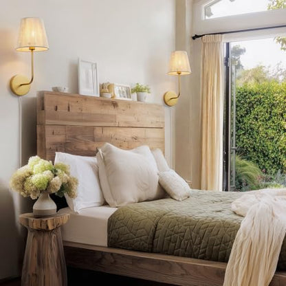 White Boho Wall Sconces Set of 2 Plug-in | Wall Light Brass Paint Finish with Natural Wicker Rattan Shade Hand Woven for Bedside, Living Room, Fireplace, Hallway - color: Brass Paint Finish