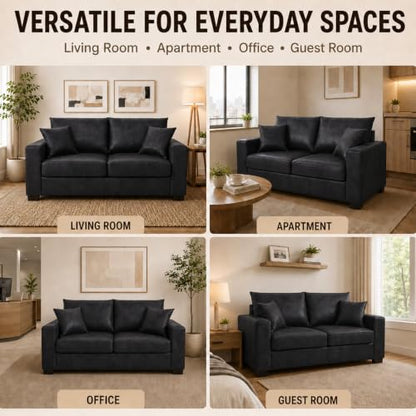 69'' Loveseat Sofa,Modern Fabric 2-Seater Sofa with 2 Pillows(Black) | Small Couches for Living Room, Office,Apartment, Small Spaces,21 in Deep Seat - color: Black