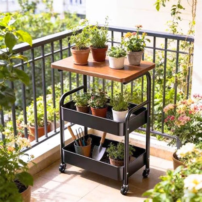 3 Tier Metal Storage Utility Cart with Wooden Top, Rolling Home Organizer | Stable and Sturdy, 2 Lockable Wheels, Multi-Purpose for Snacks, Coffee, Craft, Makeup, Garage, Bedside, Kitchen, Office