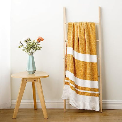 BATTILO HOME Mustard Yellow Throw Blanket for Couch, Soft Chenille Throw Blanket Knit Throw Blankets for Bed, Sofa,Chair, Farmhouse Throw Blankets, Fall Throw Blanket,51"x67" - color: Yellow and White Striped