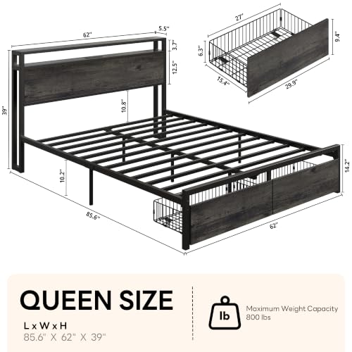LIKIMIO Queen Bed Frame with Headboard, 2 Drawers and Charging Station - color: Charcoal Grey, size: Queen