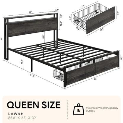 LIKIMIO Queen Bed Frame with Headboard, 2 Drawers and Charging Station - color: Charcoal Grey, size: Queen