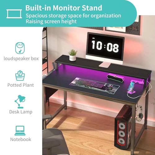 Lufeiya Small Desk with Power Outlets and LED Lights, 32 Inch Teen Writing Study Table Home Office Computer Desks with Monitor Stand, Gaming Desk with Charging Station, Black - color: Black, size: 31.5"