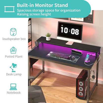 Lufeiya Small Desk with Power Outlets and LED Lights, 32 Inch Teen Writing Study Table Home Office Computer Desks with Monitor Stand, Gaming Desk with Charging Station, Black - color: Black, size: 31.5"