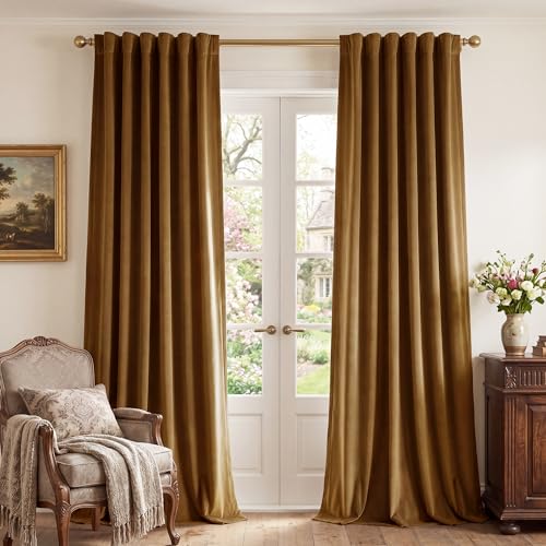 Gold Brown Velvet Curtains for Living Room Boho, W52 x L96, 2 Panels | 300GSM Soft Velvet Drapes, Thermal Insulated, Window Back Tab Luxury Privacy Home Decor, Room Darkening, Blackout, Bedroom - color: Alpha Color - Gold Brown, size: 52"W x 96"L (Pack of