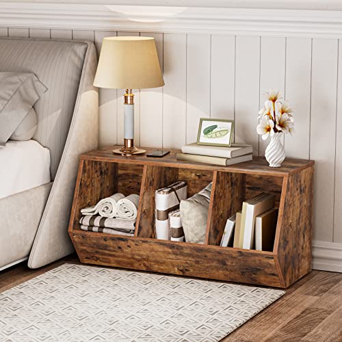 HOOBRO Toy Storage Cubby, Kids Bookshelf, Stackable 3-Bin Toy Storage Cabinet, Bookcase Footboard, Children's Toy Shelf, Suitable for Children's Room, Playroom, Hallway, Rustic Brown BF30CW01 - color: Rustic Brown