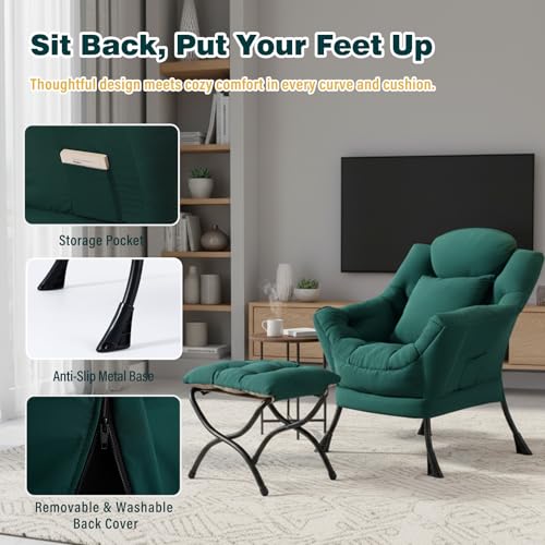 Lazy Chair with Ottoman, Comfy Reading Chair for Bedroom, Green | Comfy Bedroom Accent Chair with Washable Removable Cover and extra throw pillow for Living Room Dorm - color: Peach Dark Green-1