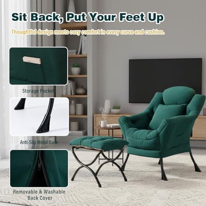 Lazy Chair with Ottoman, Comfy Reading Chair for Bedroom, Green | Comfy Bedroom Accent Chair with Washable Removable Cover and extra throw pillow for Living Room Dorm - color: Peach Dark Green-1