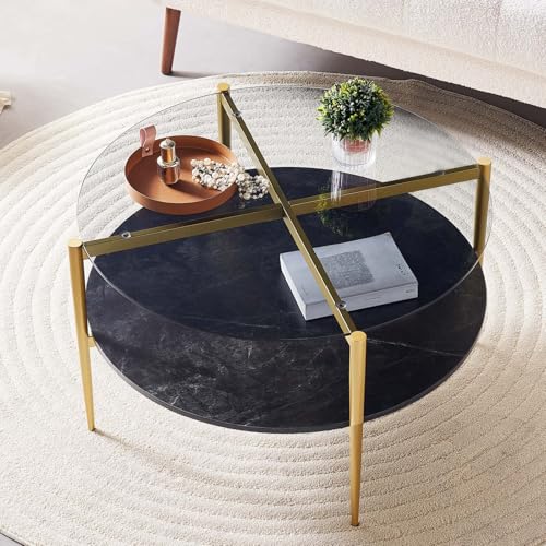 LumFurn Round Coffee Table for Living Room, Mid-Century Modern Design, D30 x H17, 2-Tier Structure, Grey Glass Top and Black Marble Finish Wood Shelf, Sleek Conical Metal Legs with Gold Finish Frame - color: D30" Grey & Black Marble