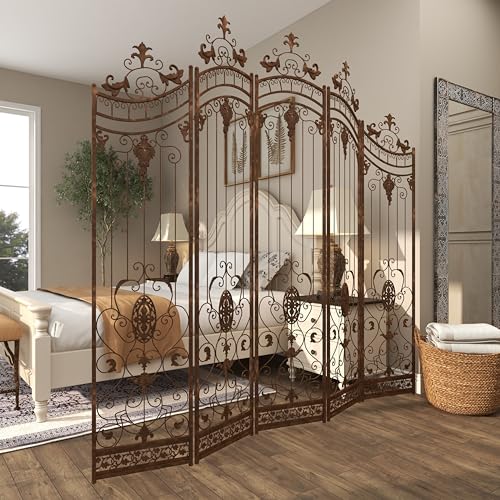 Deco 79 Metal Room Divider Screen 80" x 1" x 80", Satin Bronze | More privacy, room divider screens with scrollwork, 5-panel privacy panel, adjustable levelers