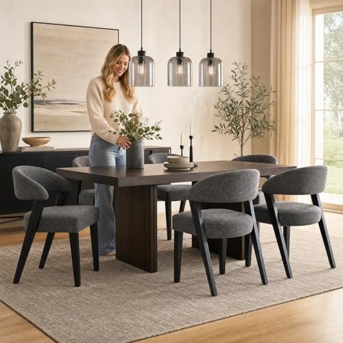 Mid Century Modern Dining Chairs with Arms Set of 2, Upholstered Kitchen & Dining Room Chairs, Barrel Backs/Black Solid Wood Legs, Comfortable Accent Chairs for Living Room, Chenille Grey - color: Grey