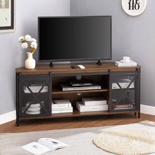 HOMISSUE Corner TV Stand for 55 Inch TV, Rustic Corner Entertainment Center with Storage, Industrial Media Console Table with Sliding Barn Door, Entertainment Center for Living Room, Brown - size: 23.6"H x 55.1" W x 15.9" D.