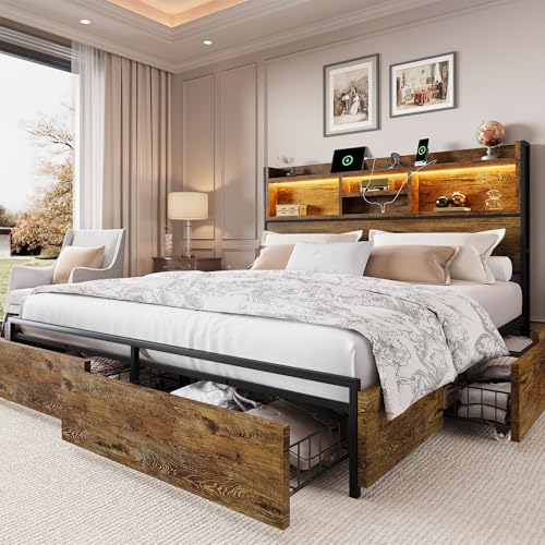 Queen Size Bed Frame with 6 Storage Drawers and Headboard Wooden Platform Bed Frame with LED Lights and Charging Station Easy Assembly/No Box Spring Needed/Vintage Brown - color: Brown, size: Queen