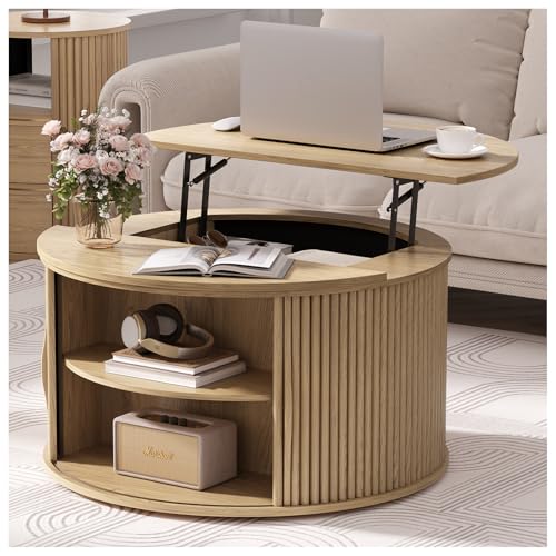 JOINICE Round Lift Top Coffee Table with Storage for Living Room,Oak | 31.5" Drum Design,Hidden Storage&Open Shelf,Boho Fluted Center Table for Small Apartments,Easy Assembly,Up to 150 lbs - color: Oak_round (Lift Top)