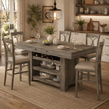 Farmhouse Dining Counter Height Table with Wine Rack & 3 Shelves, 36" Wooden Tall Dining Table with 2 Drawers, Thick Frame Counter Height Kitchen Table for Bar & Entertaining, Retro Gray - color: Retro Gray
