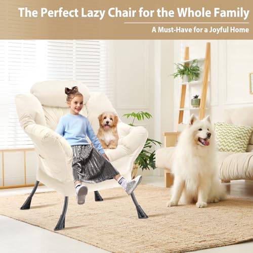Youtanic Lazy Chair Thick Padded, Comfy Velvet Accent Lounge Chair with Stable Frame, Leisure Sofa Armchair with Armrests and Side Pocket, Reading Chair for Bedroom, Living Room, Office, Beige - color: Beige Without Stool