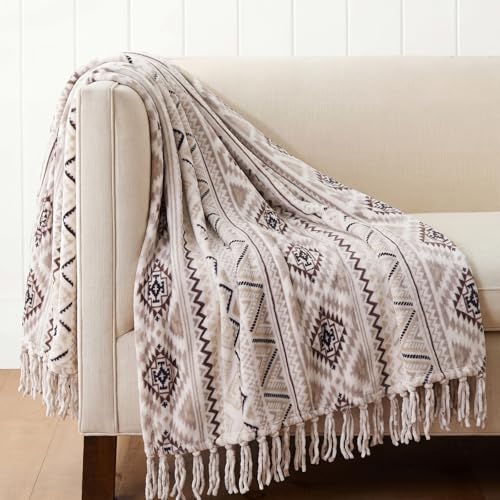 Boho Tassel Throw Blanket-Farmhouse Western Flannel Bohemian Blanket | Vintage Native Mexican Decorative Throw, Ideal for Gifting, For Bed Sofa, 50x60in, Beige and Gray - color: Beige and Gray, size: 50X60