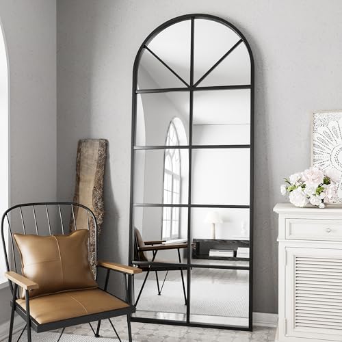 Full Length Mirror, Black Floor Mirror, 64"x21" Arched Window Pane Mirror, Oversize Wall Mirrors, Farmhouse Standing Mirrors with Aluminum Frame Hanging or Leaning for Living Room, No Stand - color: Window Mirror-black, size: 64"L x 21"W