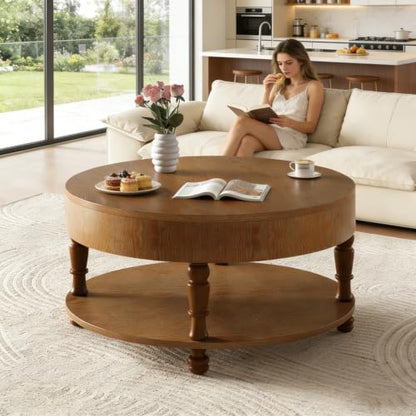 31.5" Round Coffee Table with Storage, 2 Tier Modern Center Table, Adjustable Leveling Feet, Easy Assembly, Wood Coffee Table for Living Room, Apartment, Small Space. (Walnut) - color: Walnut-n